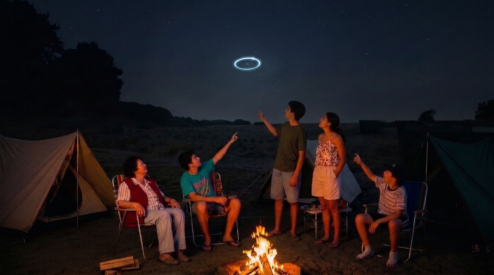 Grupo en un camping señalando un anillo de luz en el cielo