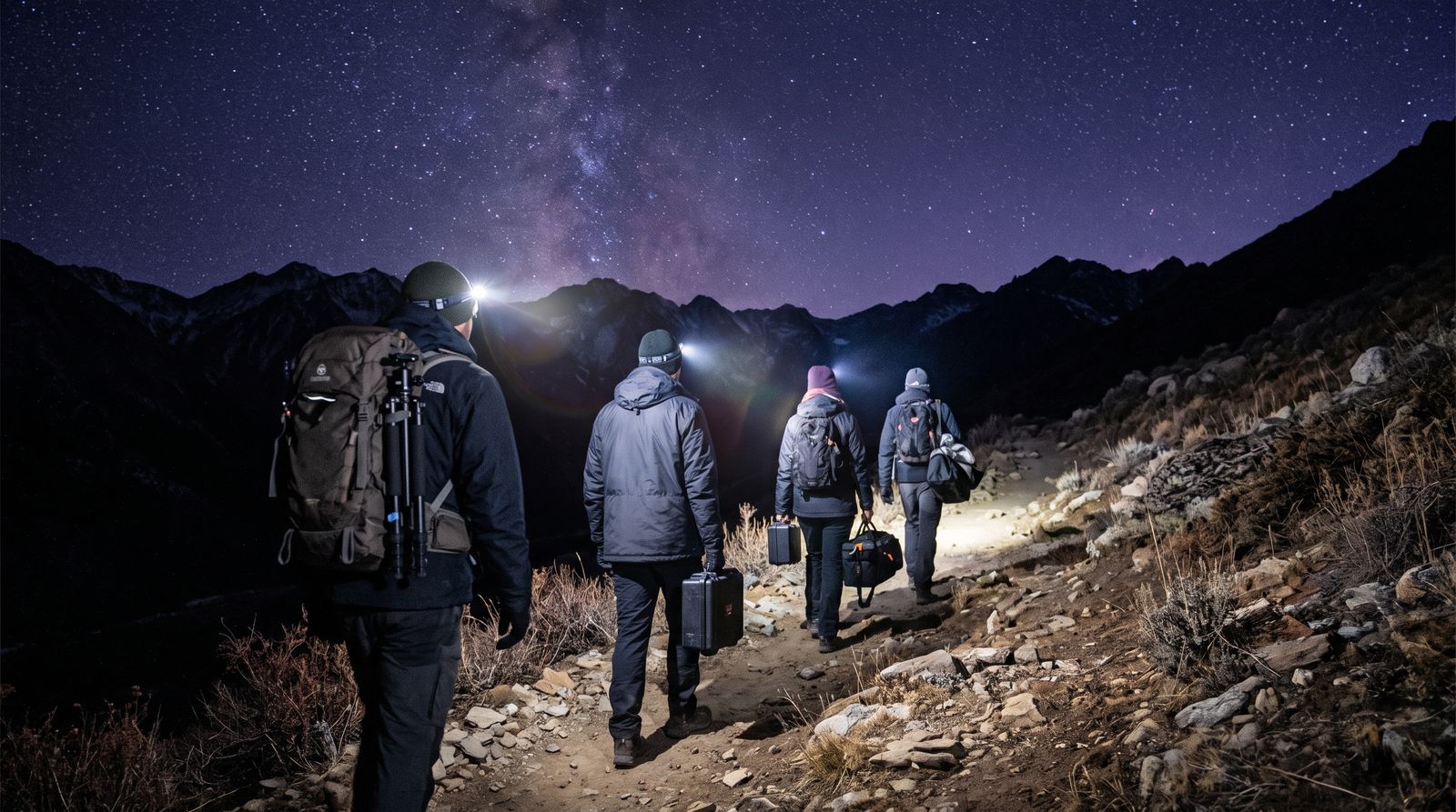 Grupo con linternas frontales subiendo un sendero de montaña de noche