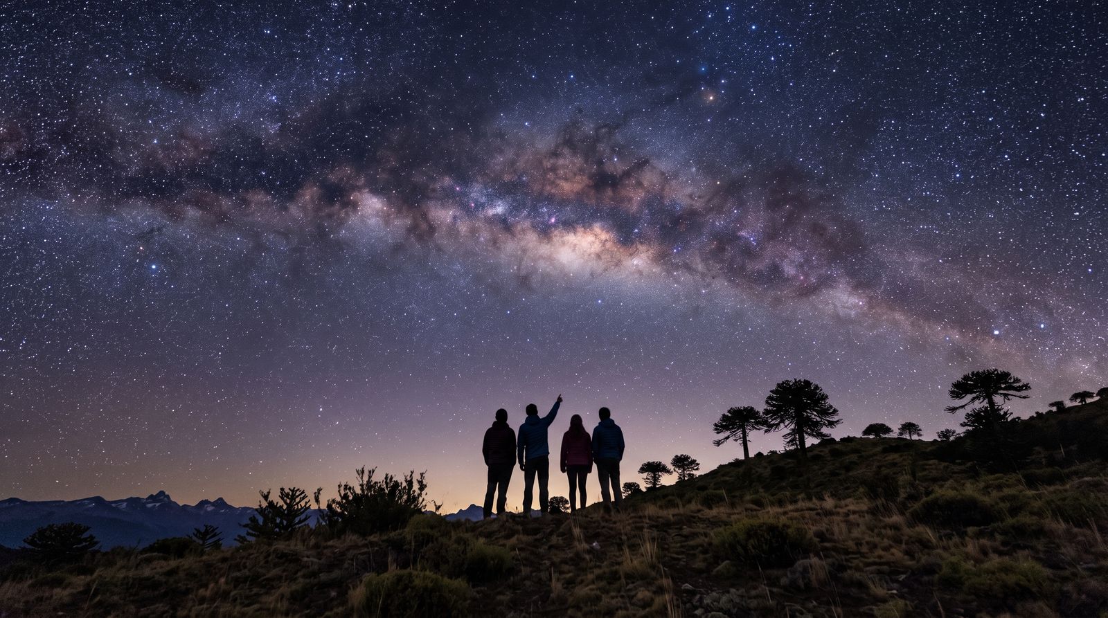 Vía Láctea sobre un cerro con araucarias y un grupo de observadores
