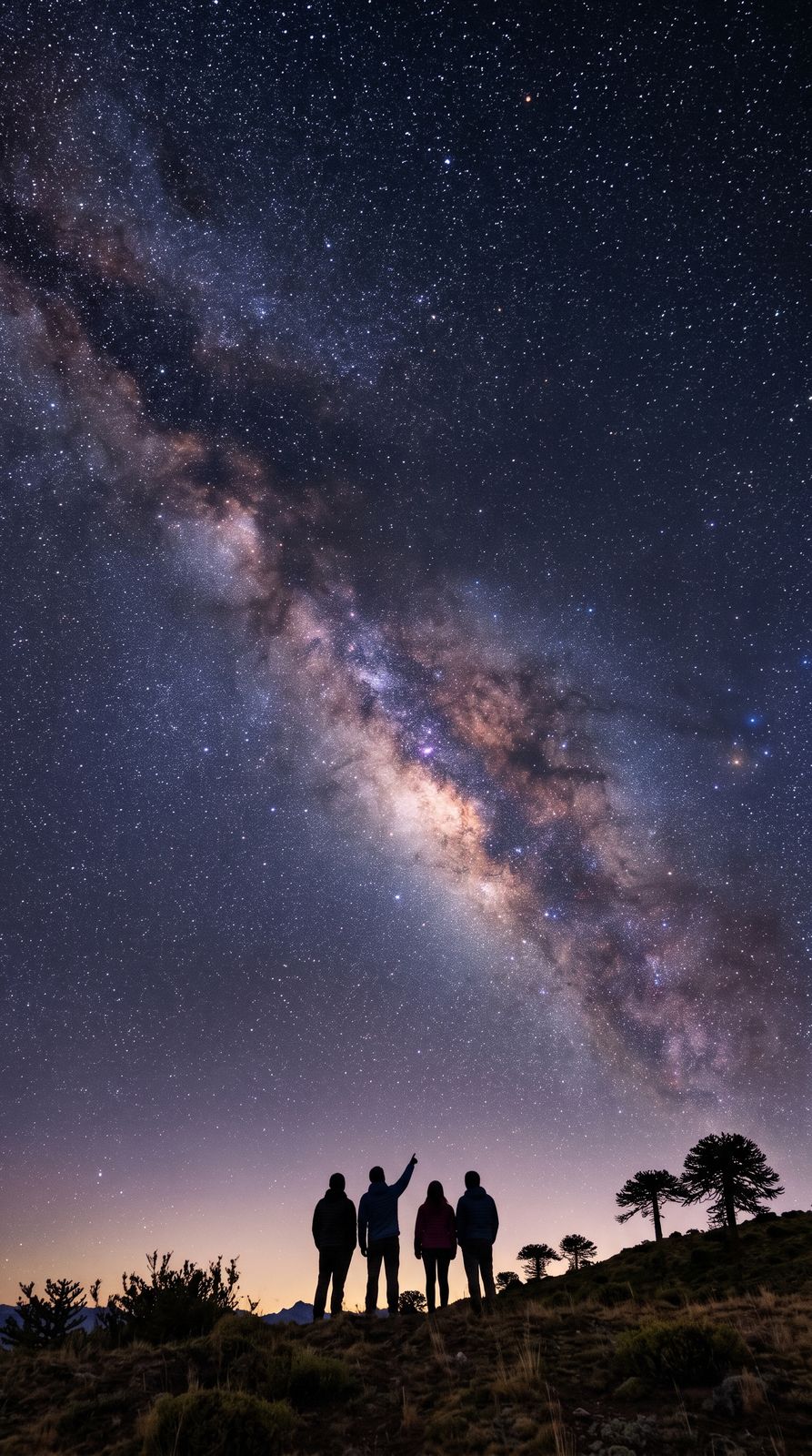 Grupo de personas en silueta señalando el cielo estrellado