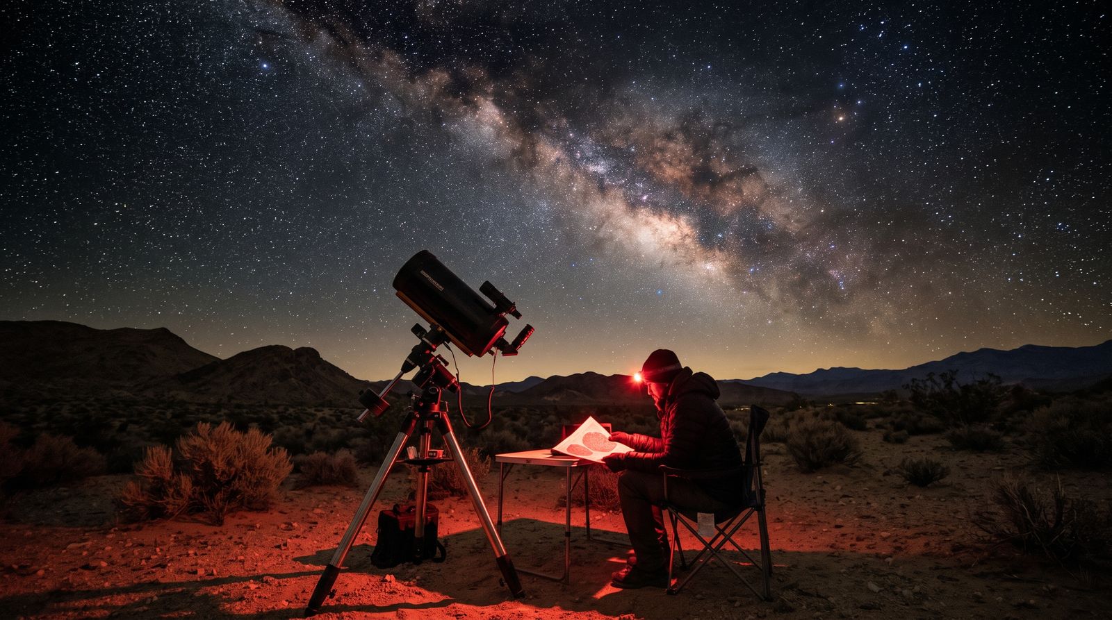 Telescopio en el desierto y una persona con luz roja tomando notas