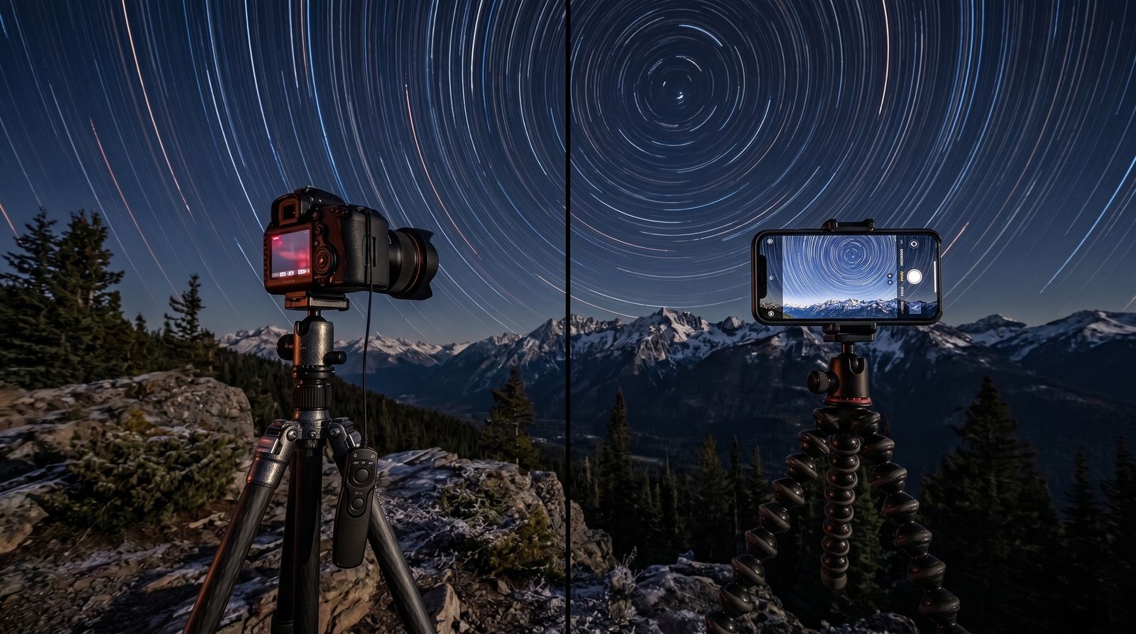 Cámara y celular en trípode registrando el giro de las estrellas