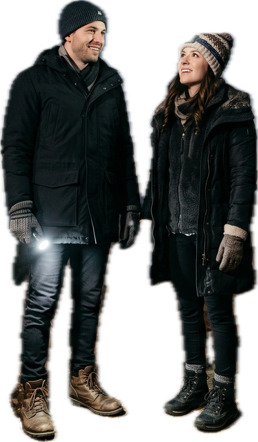 Pareja con parkas, gorros y guantes